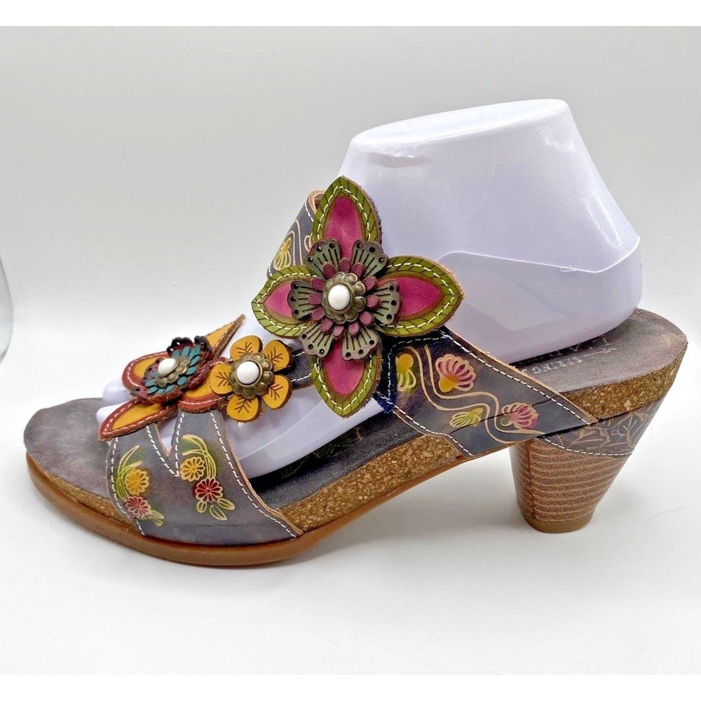 L'Artiste Spring Step HAVERB-NM Boho Floral Leather Block Heel Sandals Sz 10/41 - Picture 4 of 10